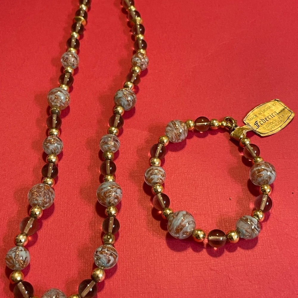 Marano glass from Italy .Gold and Brown Beaded Necklace with Vintage Charm